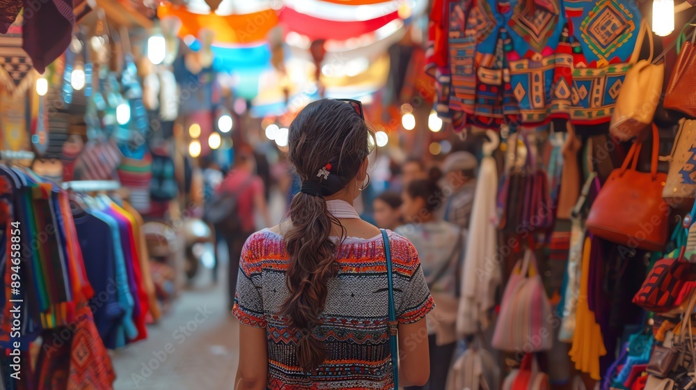 Obraz premium A woman walks through a crowded market with colourful stalls and hanging fabrics.