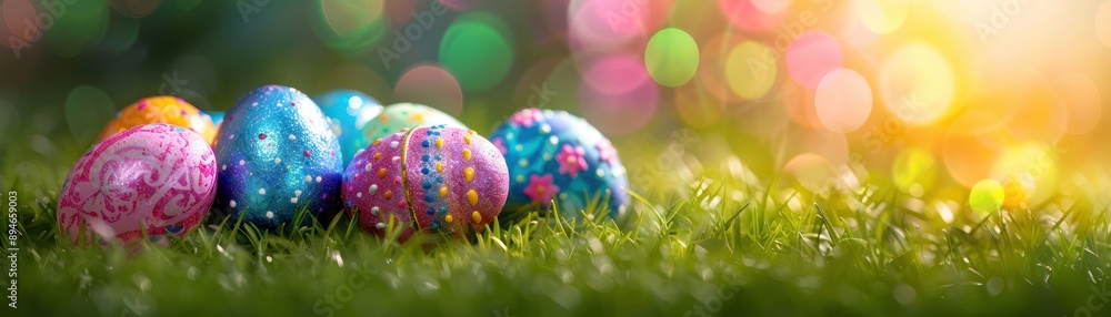 Easter egg hunt, colorful eggs, bunny background, focus on, joyful celebration, dynamic, Multilayer, grassy field Easter egg hunt, colorful eggs, bunny background, focus on, joyful celebration, dynamic, Multilayer, grassy field