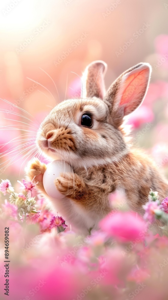 Fototapeta premium Happy Easter scene, rabbit with eggs, floral backdrop, selective focus, spring festival, vibrant, Double exposure, flower garden