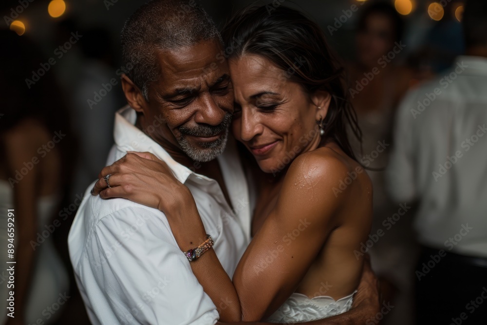 Fototapeta premium A content older couple is dancing closely at an indoor gathering, holding each other gently, embracing their bond and reveling in cherished moments of love, joy, and mature companionship.