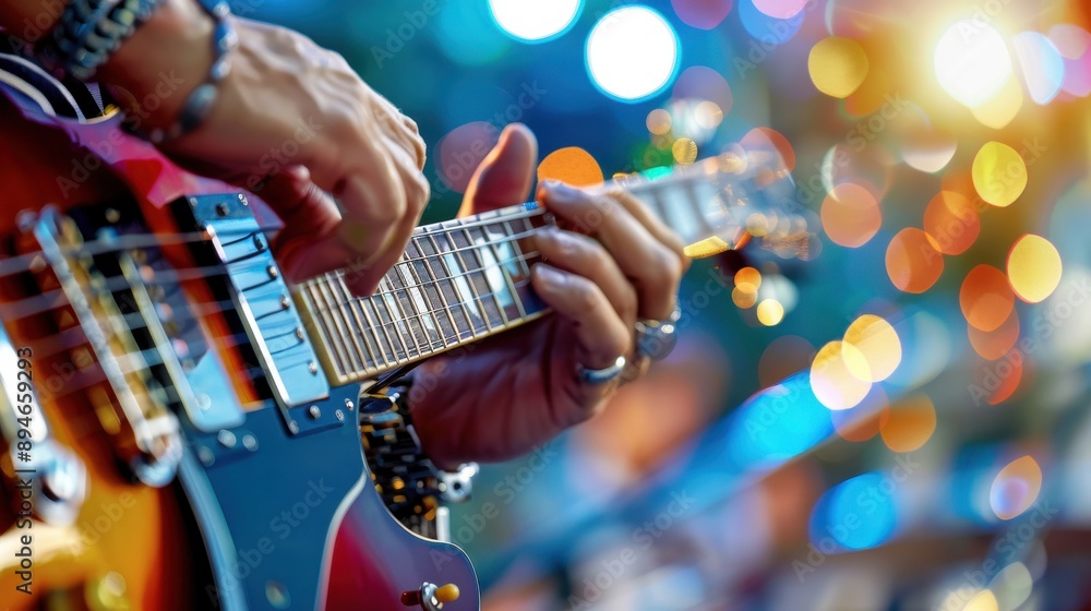 Fototapeta premium A man is playing a guitar in a dark room with a bright light shining on him