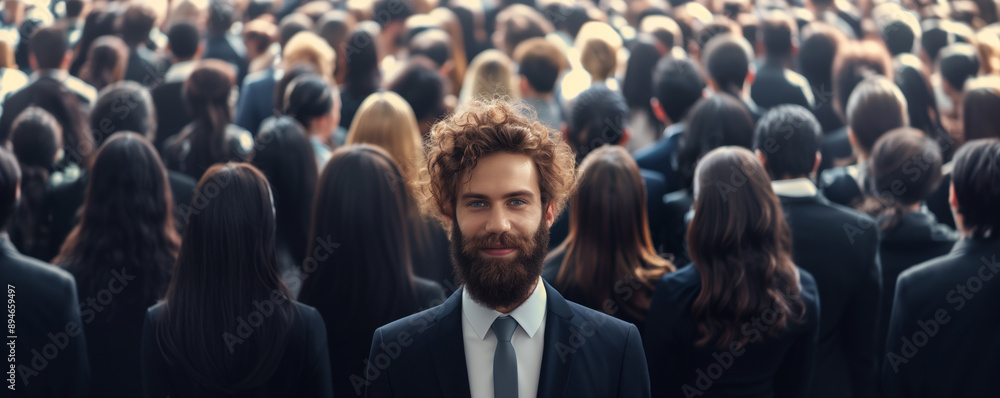 Bearded young man in a suit standing out in a crowd with his back turned Bearded young man in a suit standing out in a crowd with his back turned