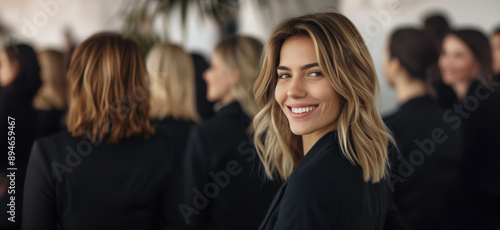 Smiling young woman standing out in a group of businesswomen wearing black suits, facing away from the camera