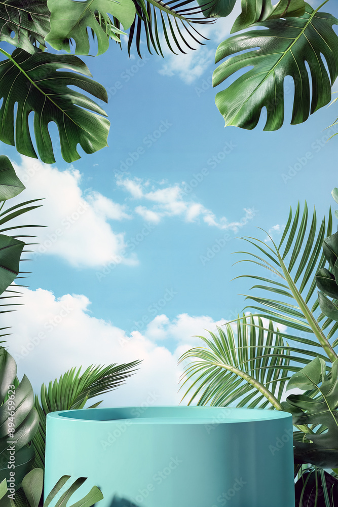 Obraz premium Turquoise podium surrounded by tropical leaves. Product display mockup with copy space.