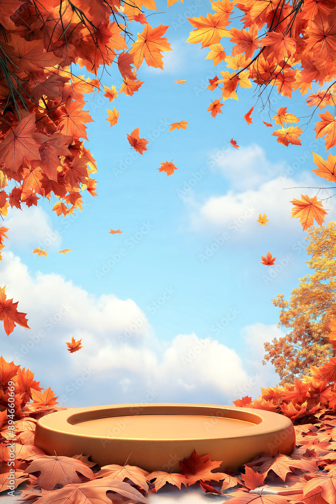 Golden podium surrounded by autumn leaves. Product display mockup with copy space.