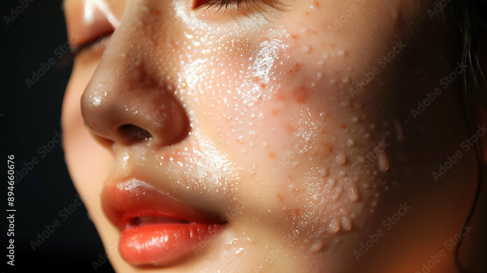 Naklejka premium Kojic Acid Lightening Acne Scars on South Korean Woman’s Face with Focus on Smooth and Even Skin Tone