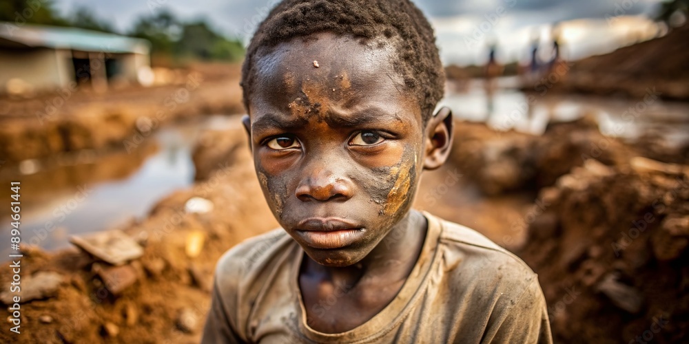 A large portrait of a black boy with a tired expression in the mud, against the background of a construction site. The concept of the topic of the use of child labor in the world A large portrait of a black boy with a tired expression in the mud, against the background of a construction site. The concept of the topic of the use of child labor in the world