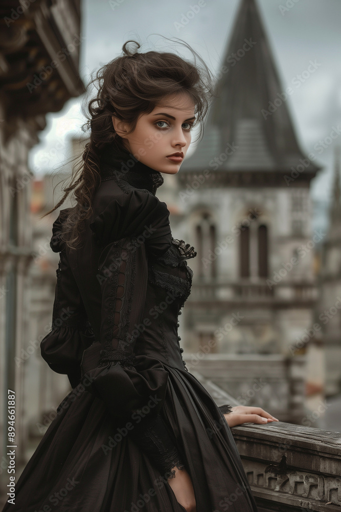 Fototapeta premium Victorian style clothes young woman on castle background 