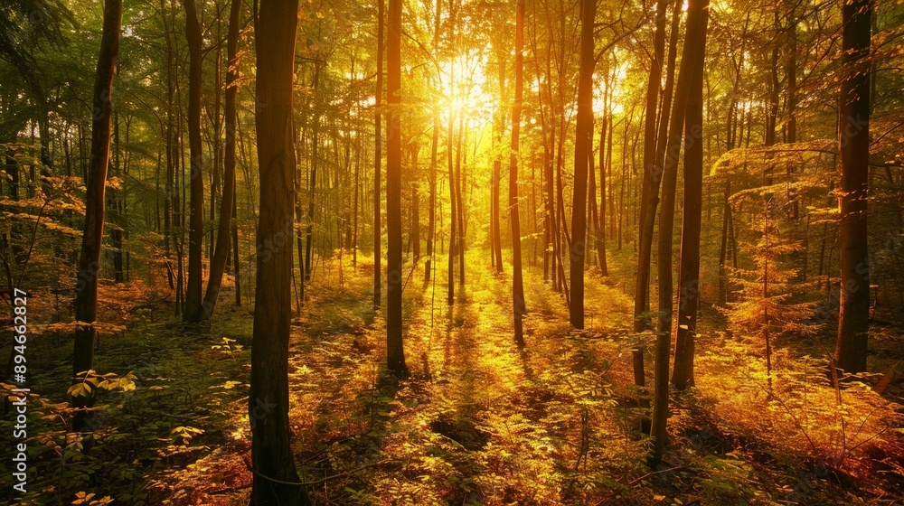 Obraz premium Sunlight filtering through trees paints the forest in gold.