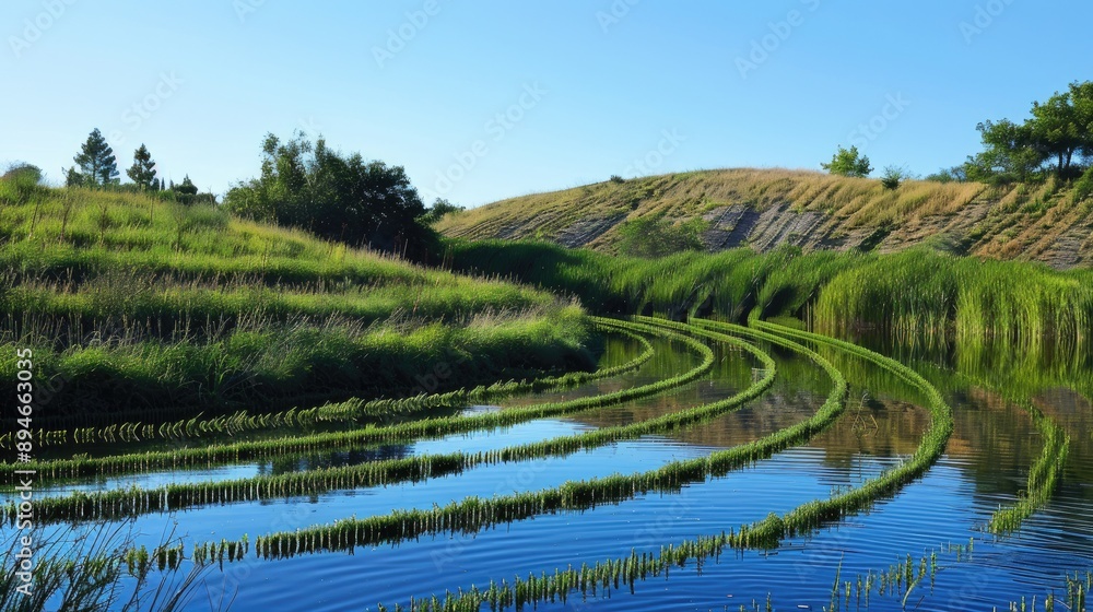 Field slope with rows of plants and water adjacent reeds