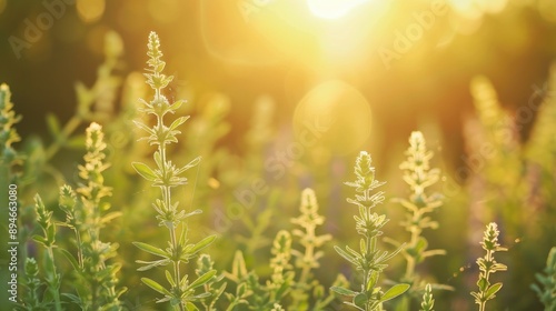 Field with wild sage herbs in shallow focus area photo