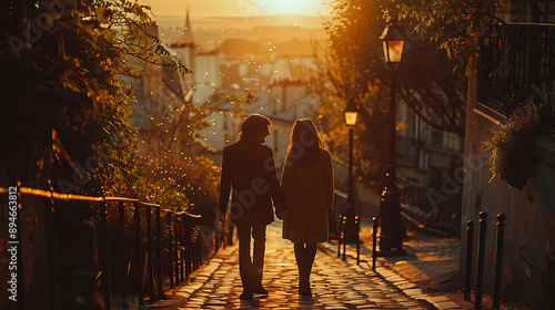 Couple walking hand in hand through Montmartre artistic and intimate mood vintage style eye-level shot under warm afternoon light shot on IMAX laser photorealistic, 8k, HDR, intricate details photo
