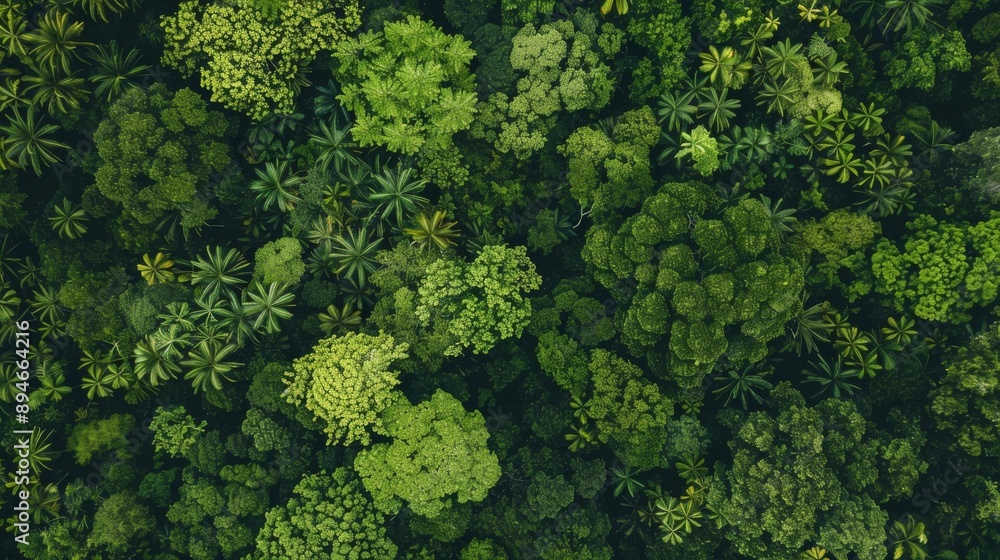 Naklejka premium Create an aerial top view of a forest, focusing on the rainforest ecosystem and the healthy environment it represents. Highlight the texture of the green tree canopy from above, emphasizing the lush a