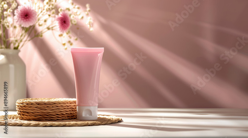 Chic Minimal skin care tube  Product Mockup in Soft Pink Light for Beauty and Skincare Concept with Subdued Background Tone photo