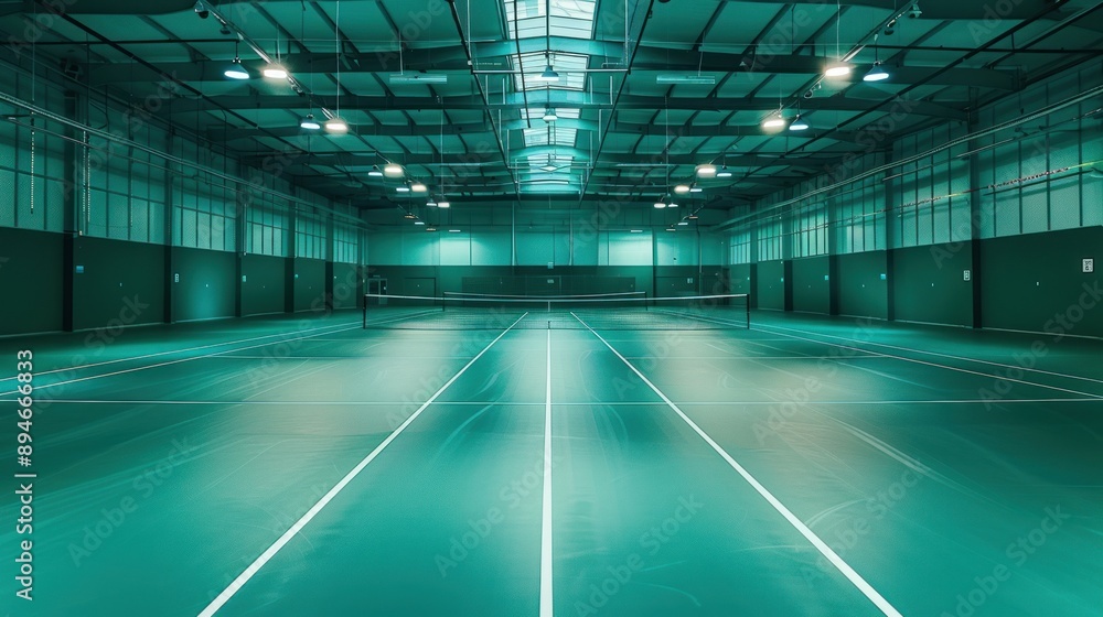 Indoor Tennis Court with Green Flooring and Lighting Indoor Tennis Court with Green Flooring and Lighting