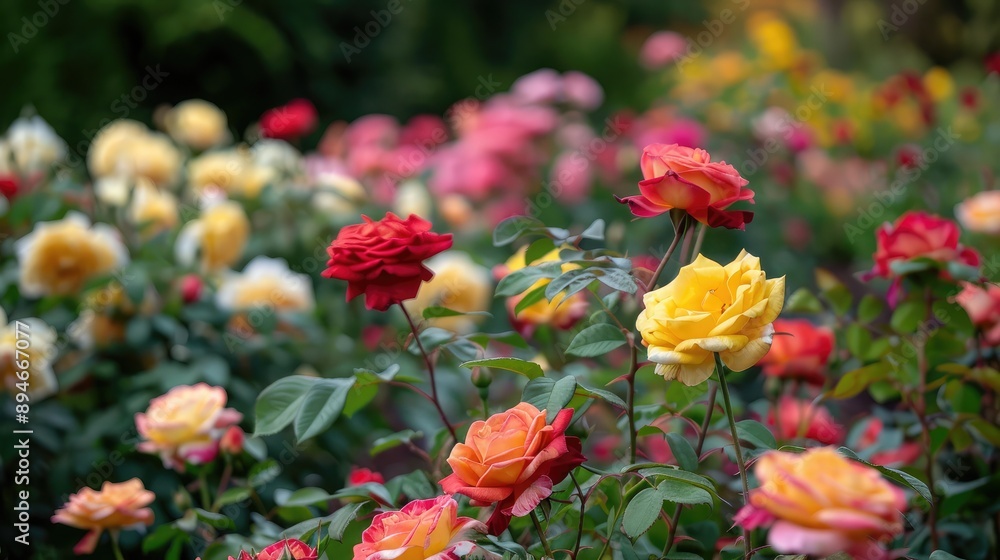 A rose garden in full bloom, showcasing a variety of colors and types. A rose garden in full bloom, showcasing a variety of colors and types.