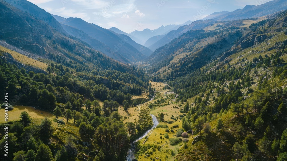 Create an aerial view of the lush mountain landscape in Vall d'Incles, Canillo, Andorra. Emphasize the rich greenery and natural beauty of the mountainous terrain. Capture the expansive and vibrant sc Create an aerial view of the lush mountain landscape in Vall d'Incles, Canillo, Andorra. Emphasize the rich greenery and natural beauty of the mountainous terrain. Capture the expansive and vibrant sc