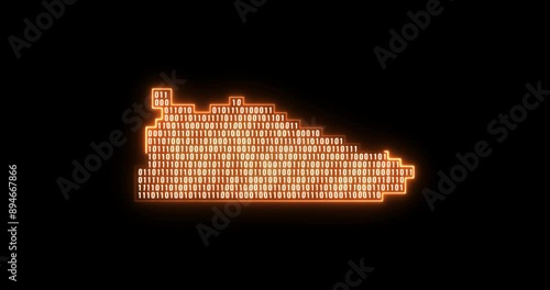 Glowing yellow neon line Fitness pixelated sneaker shoes for training, running icon isolated on black background. Crypto Punk Digital Sneaker. Sport shoes. Looped animation.