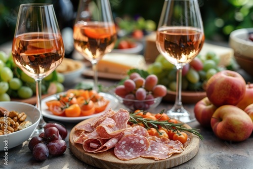 An elegant outdoor table setup featuring charcuterie, fruits, and an assortment of delicacies, accompanied by glasses of rosé wine, perfect for a luxurious dining experience.