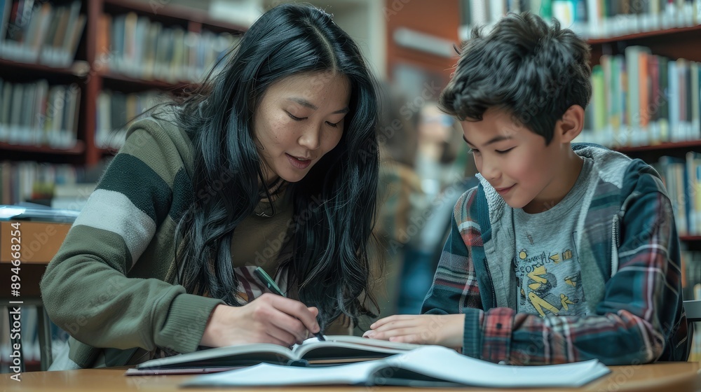 A teacher helping a student with homework in a quiet library, both focused on the task. A teacher helping a student with homework in a quiet library, both focused on the task.