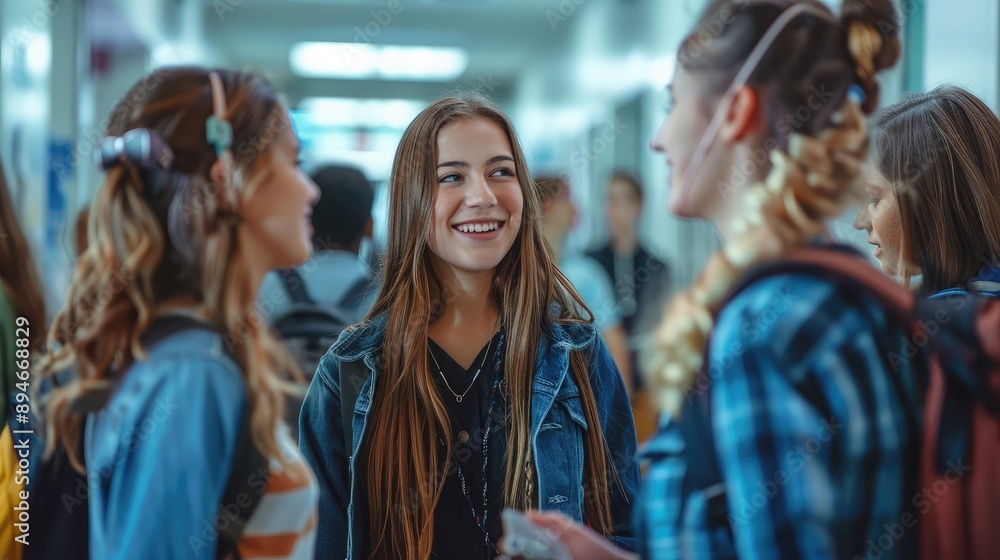 A group of high school students chatting in the hallway between classes. A group of high school students chatting in the hallway between classes.