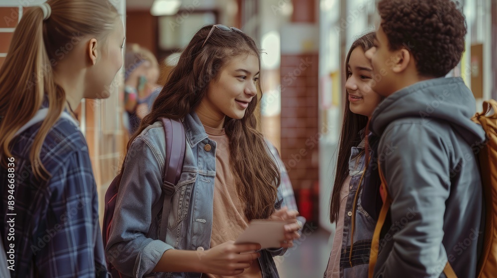 A group of high school students chatting in the hallway between classes. A group of high school students chatting in the hallway between classes.
