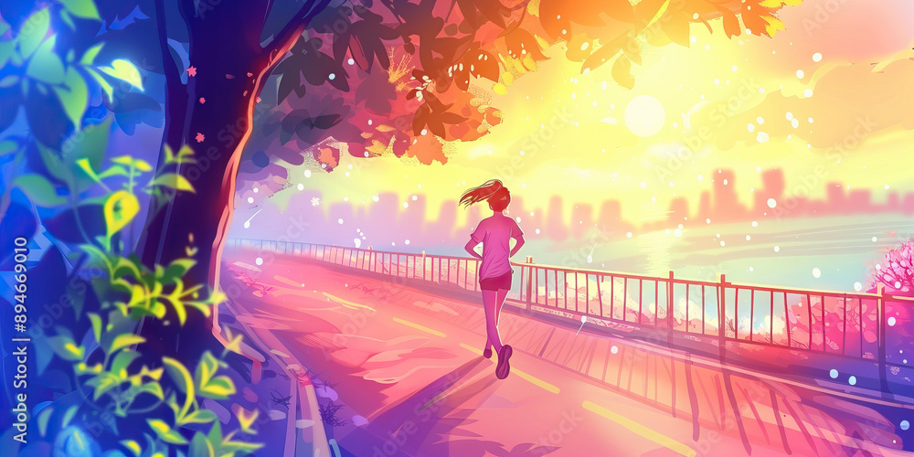 Fototapeta premium A runner jogs effortlessly along a scenic trail, feeling the wind in their hair and the warmth of the morning sun