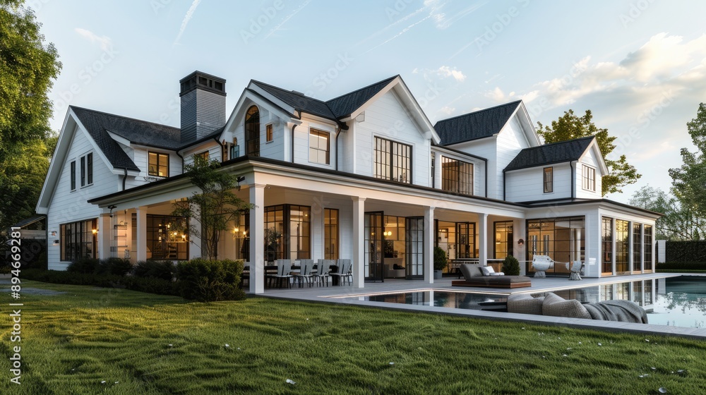 A luxurious suburban mansion with a modern farmhouse design A luxurious suburban mansion with a modern farmhouse design