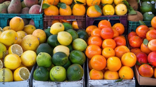 A market display of colorful citrus fruits, including oranges, lemons, and limes.