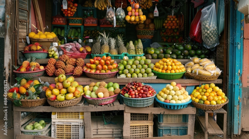 Fototapeta premium A market stall with a colorful array of fresh fruits and vegetables.