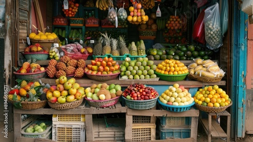 A market stall with a colorful array of fresh fruits and vegetables.