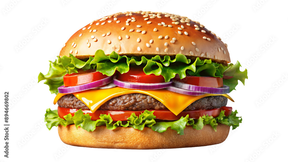 A hamburger on a white background with cheese, lettuce, tomato, meat, and a sesame seed bun A hamburger on a white background with cheese, lettuce, tomato, meat, and a sesame seed bun