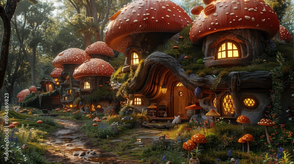 Fototapeta premium A charming schoolhouse in a magical forest, made from giant mushrooms. Sunlight filters through trees, creating a cozy atmosphere