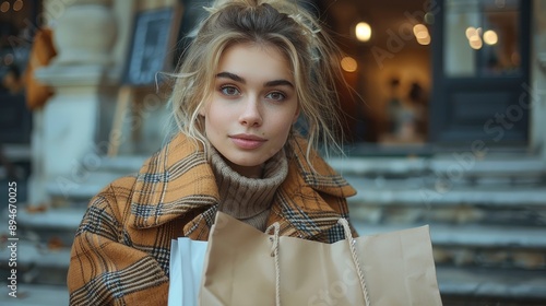 Wallpaper Mural Portrait Of A Young, Elegant Woman, Looking Into Her Shopping Bags While Sitting On A Street Staircase Torontodigital.ca
