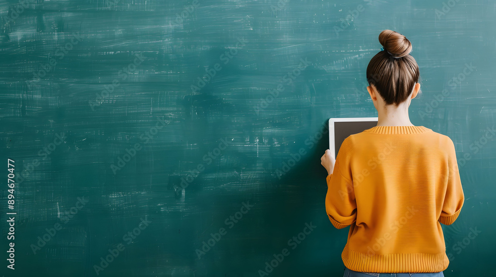 A woman in an orange sweater uses a tablet in front of a chalkboard, representing modern education and technology integration. A woman in an orange sweater uses a tablet in front of a chalkboard, representing modern education and technology integration.