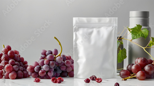 Minimalistic Mockup of White Flexible Pouches with Grape Seed Extract - Cool Color Grading on Bright Gray Background photo