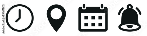 Location, Time, Date and notification icon vector. Address location pointer calendar and alarm bell icons collection.