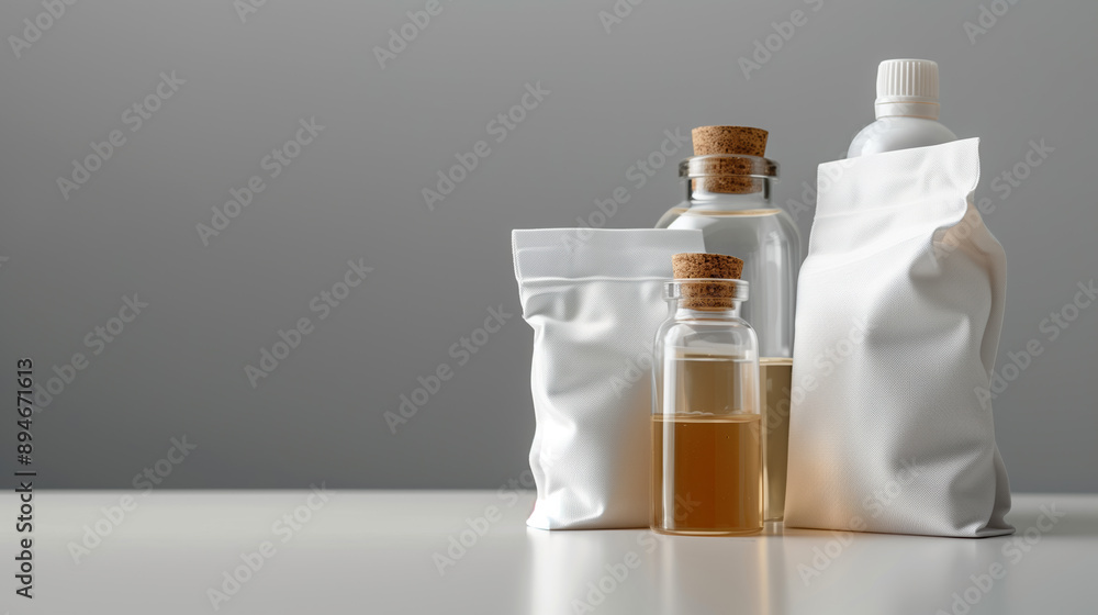 Minimalistic Front View of White Flexible Pouches Mockup with Apple Cider Vinegar Extract, Clean Bright Gray Background, Aesthetic Fashion Product Photography Minimalistic Front View of White Flexible Pouches Mockup with Apple Cider Vinegar Extract, Clean Bright Gray Background, Aesthetic Fashion Product Photography