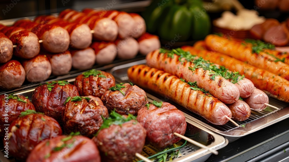 Roasted Meat, Including Pork And Beef Meatballs And Various-Sized Sausages, On Display
