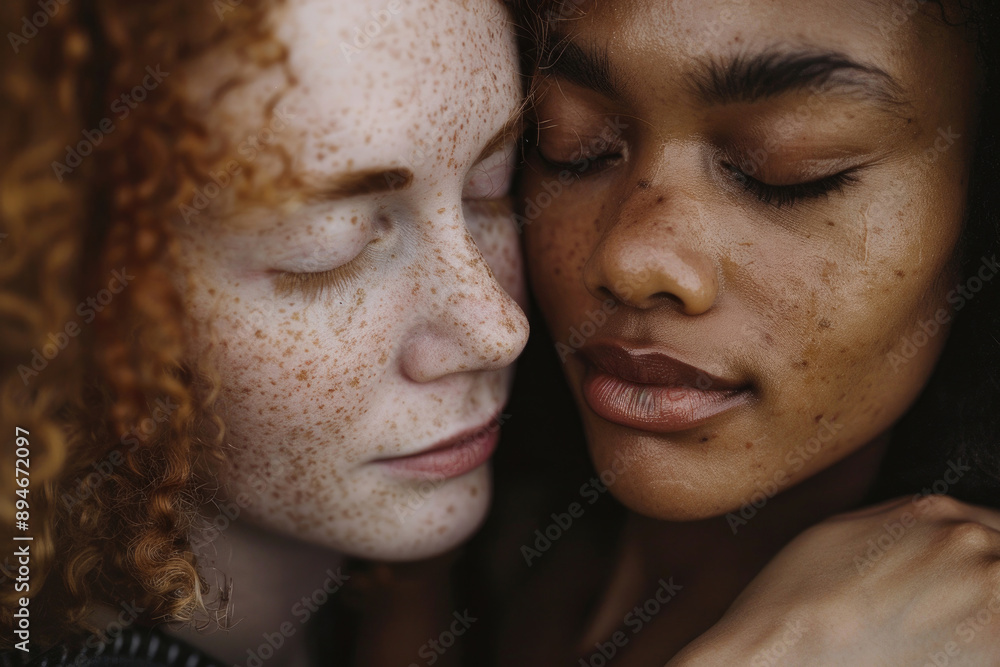 Two friends embrace tightly, eyes closed Two friends embrace tightly, eyes closed