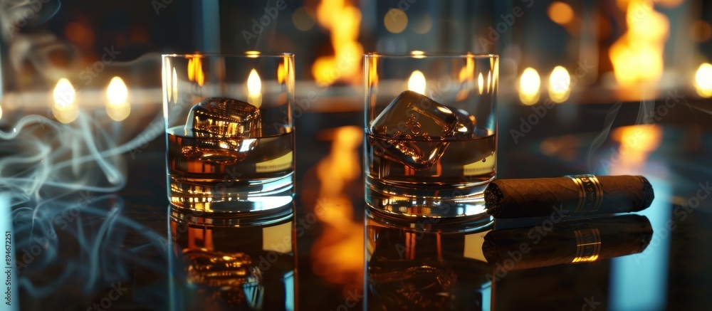 Two Glasses of Whiskey with Ice and a Cigar on a Table Two Glasses of Whiskey with Ice and a Cigar on a Table