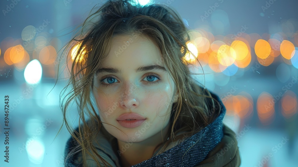 Close-Up Of A Beautiful Young Woman With A Blank Expression, Standing Out In The City At Night Close-Up Of A Beautiful Young Woman With A Blank Expression, Standing Out In The City At Night