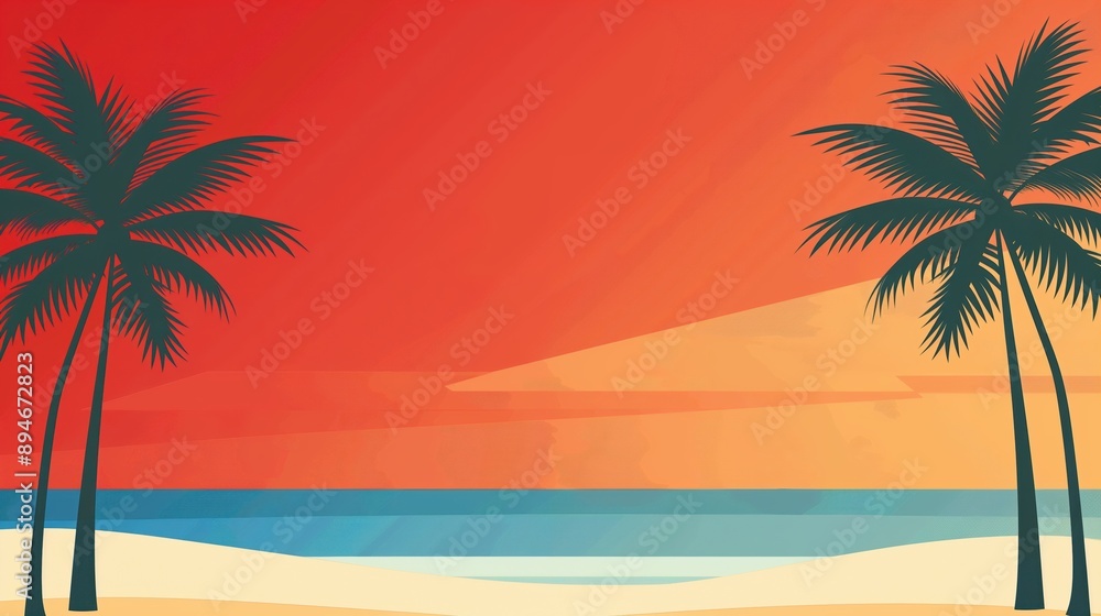 Red background, tropical beach with palm trees, flat design illustration Red background, tropical beach with palm trees, flat design illustration