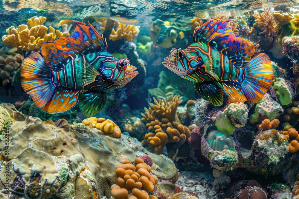 A pair of vibrant and rare mandarinfish swimming amongst colorful coral reefs in a crystal-clear ocean A pair of vibrant and rare mandarinfish swimming amongst colorful coral reefs in a crystal-clear ocean