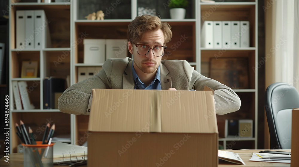 Sad office worker is packing his stuff into a cardboard box because he is fired showing disappointed emotions Sad office worker is packing his stuff into a cardboard box because he is fired showing disappointed emotions
