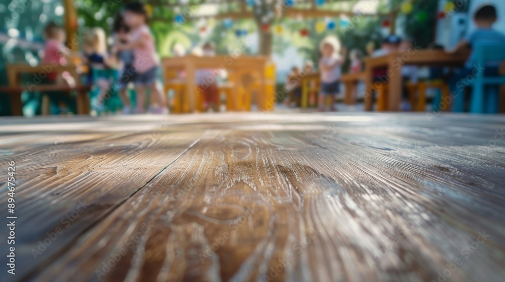 A close-up of a weathered wooden tabletop with a blurred background of children playing in a colorful outdoor space. A close-up of a weathered wooden tabletop with a blurred background of children playing in a colorful outdoor space.