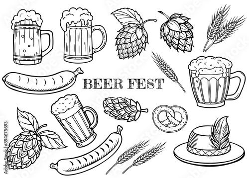 set of doodle elements for beer festival celebration