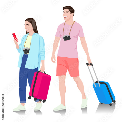 Set of young man and woman tourists with smartphones and passports and tickets. Travelers going on trip in casual clothes with a suitcase. Vector illustration set isolated on white