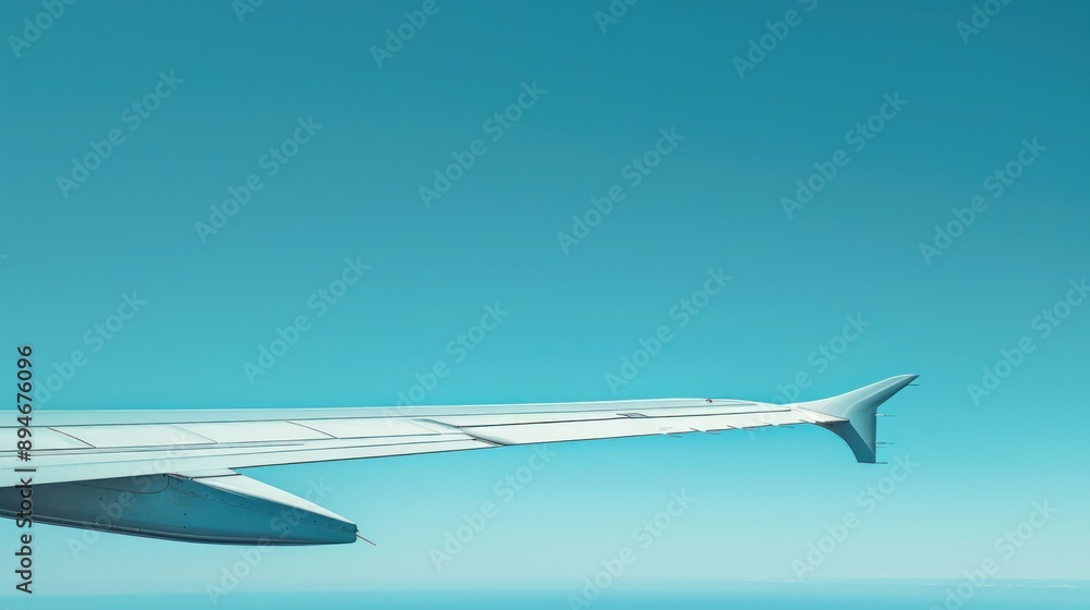 Naklejka premium Modern airplane wing tip against a backdrop of clear blue sky, emphasizing the marvels of aviation