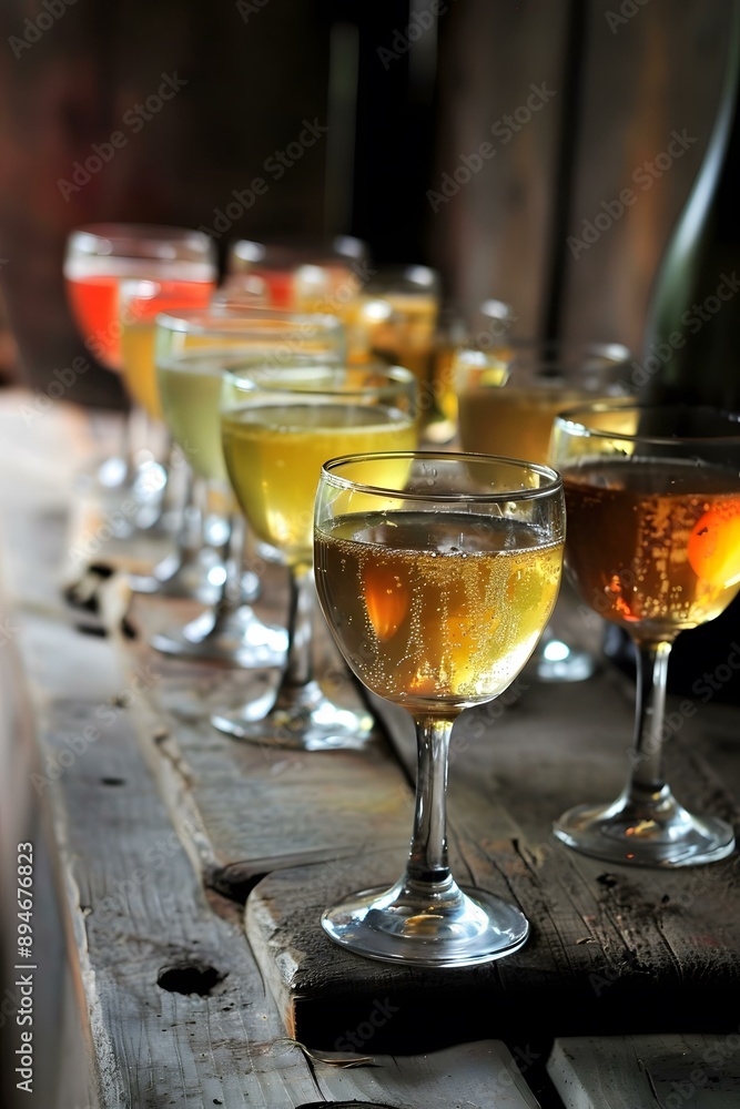 Closeup of Glasses of Champagne on a Rustic Wooden Table Closeup of Glasses of Champagne on a Rustic Wooden Table